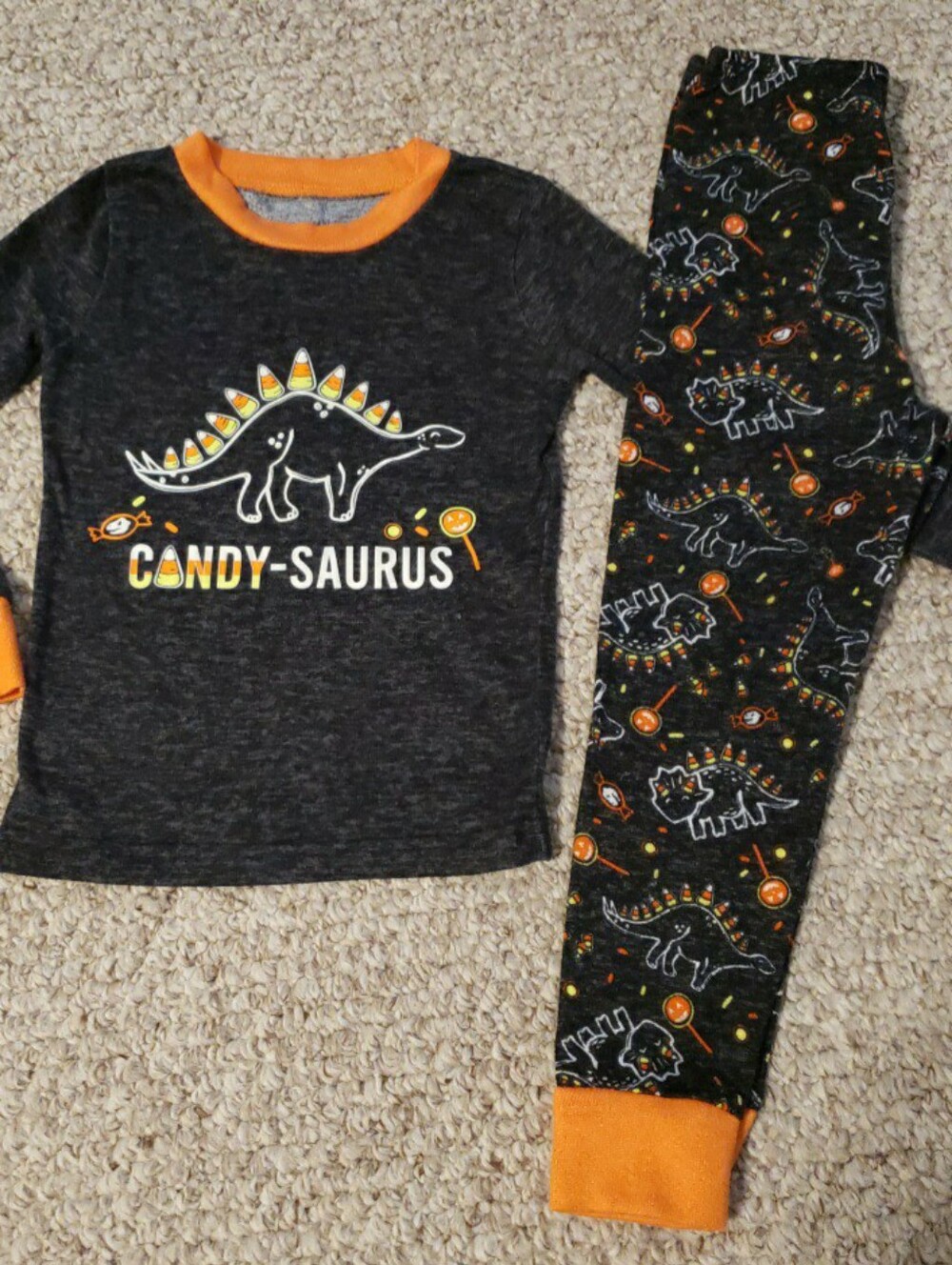 Kids Candy-Saurus Dinosaur Pajama Set - Charcoal with Orange Trim 4T